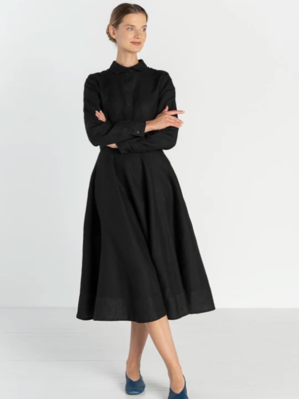 Son de Flor Frida Maxi Linen Dress with Shirt Collar (Black, XL)